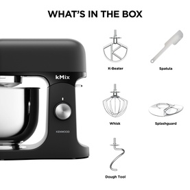 Kenwood kMix Sleek Black Stand Mixer with silver bowl, shown with included K-beater, whisk, dough tool, spatula, and splashguard accessories.