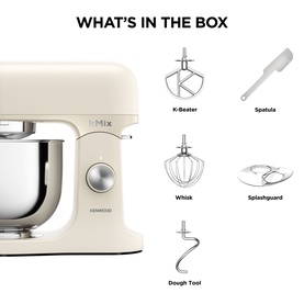 Kenwood kMix Calm Cream Stand Mixer shown with included accessories: K-Beater, Whisk, Dough Tool, Spatula, and Splashguard.