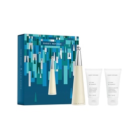 Issey Miyake L'Eau d'Issey fragrance gift set with EDT bottle and two body lotion tubes in teal geometric box