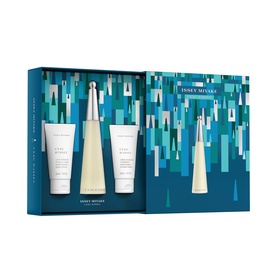 Issey Miyake L'Eau d'Issey fragrance gift set with EDT bottle, two body lotion tubes, and teal geometric patterned box