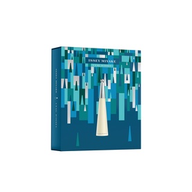Issey Miyake fragrance gift set in teal geometric patterned box with signature bottle visible through window