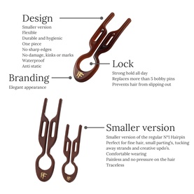 Fiona Franchimon N&ordm;1 Hairpin Petite in Brown, annotated diagram showing design, lock, branding and size features