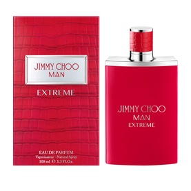 Jimmy Choo Man Extreme Eau de Parfum 100ml in red crocodile-embossed bottle with silver cap, shown with matching red box