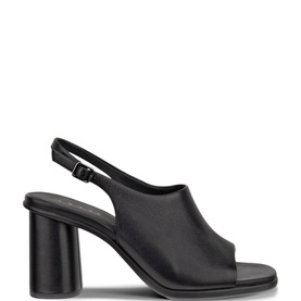 Ecco Sculpted Alba 65 Heeled Sandals in black leather, open-toe slingback mule with cylindrical block heel and buckle closure