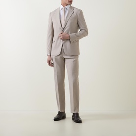 Model wearing Strellson Melvin Slim Fit Suit Trousers in beige, styled with matching blazer, white shirt, grey tie and dark brown shoes