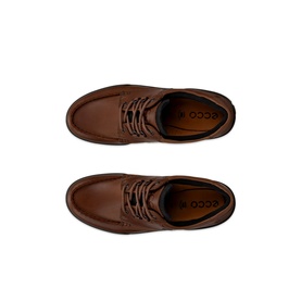 Ecco Track 25 Lace Up Moccasins in brown, oiled nubuck, overhead view showing lace-up front and moccasin toe detail, pair displayed flat