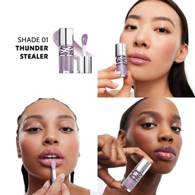 YSL Loveshine Plumping Lip Oil Gloss in Thunder Stealer; three models applying sheer lilac gloss, product bottle shown