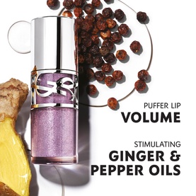 YSL Loveshine Plumping Lip Oil Gloss in 1 Thunder Stealer, sheer pink-purple gloss bottle with puffer lip volume and ginger and pepper oil ingredients