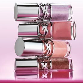 YSL Loveshine Plumping Lip Oil Gloss in Thunder Stealer, four stacked pink-toned gloss bottles with silver YSL logo caps