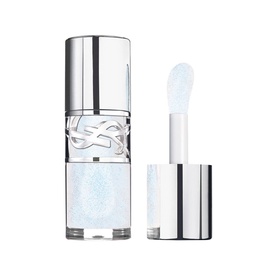YSL Loveshine Plumping Lip Oil Gloss in 1 Thunder Stealer, clear iridescent glitter formula in silver cylindrical bottle with doe-foot applicator