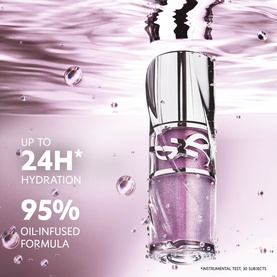 YSL Loveshine Plumping Lip Oil Gloss in 1 Thunder Stealer, lilac glass bottle with YSL monogram, shown with hydration claim graphics