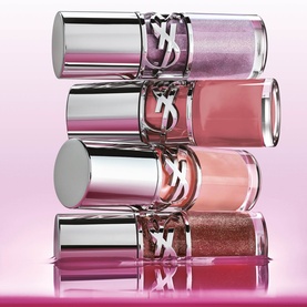 YSL Loveshine Plumping Lip Oil Gloss in Thunder Stealer, four stacked glossy lip oil bottles in pink and nude shades with silver YSL logo caps