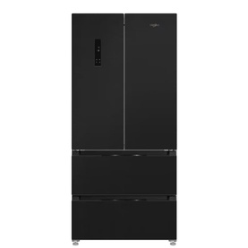 Whirlpool 513L French Door Fridge Freezer in black, featuring double upper doors, two lower freezer drawers and digital display panel
