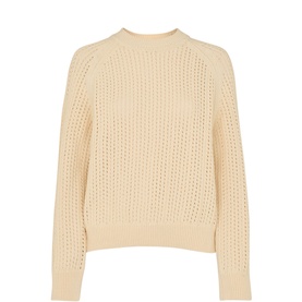Whistles Pointelle Knitted Sweater in cream with ribbed crew neck, long sleeves, pointelle knit texture, and ribbed cuffs and hem