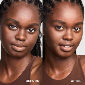 Model with Est&eacute;e Lauder Double Wear Stay-in-Place 24-Hour Concealer before and after application showing coverage on deep skin tone