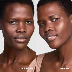 Before and after split showing Est&eacute;e Lauder Double Wear Stay-in-Place 24-Hour Concealer applied to deep skin tone, demonstrating coverage result