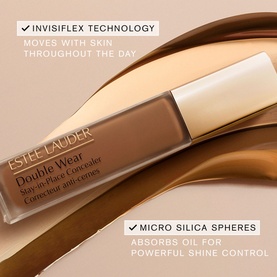 Est&eacute;e Lauder Double Wear Stay-in-Place 24-Hour Concealer 12ml tube shown with swatches highlighting Invisiflex and Micro Silica Sphere technology