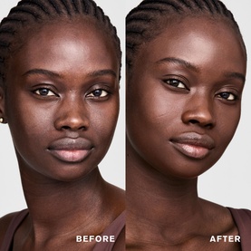 Est&eacute;e Lauder Double Wear Stay-in-Place 24-Hour Concealer before and after comparison on deep skin tone model