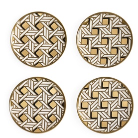 Jonathan Adler Basketweave Coasters set of four, black and white woven lattice pattern with gold metallic accents, high-fired porcelain