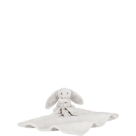 Jellycat Bashful Silver Bunny Soother 34cm, soft grey plush bunny head attached to a textured silver security blanket