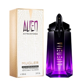 MUGLER Alien Extraintense Eau de Parfum 90ml, dark purple alien-shaped bottle with gold cap beside gold and white printed box