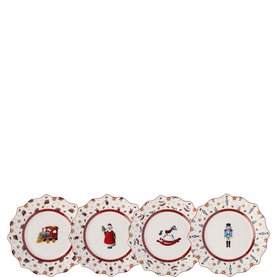 Villeroy & Boch Toy's Delight Anniversary Plate Set of Four, white porcelain with red scalloped edges and festive toy motifs