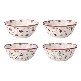 Villeroy & Boch Toy's Delight Anniversary Bowl Set of Four, white premium porcelain with festive multicoloured toy motifs and scalloped edges