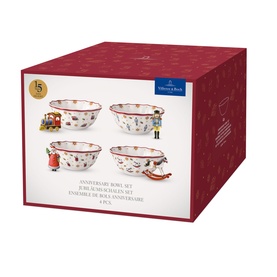 Villeroy & Boch Toy's Delight Anniversary Bowl Set of Four, white porcelain bowls with festive multicolour print, in gift box