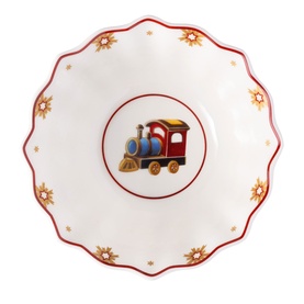 Villeroy & Boch Toy's Delight Anniversary Bowl with red scalloped edge, gold star motifs, and colourful train illustration on white porcelain