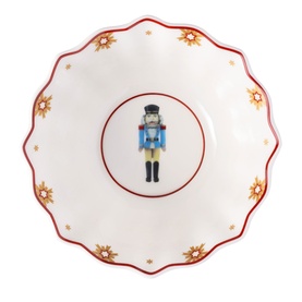 Villeroy & Boch Toy's Delight Anniversary Bowl, white premium porcelain with red scalloped rim, gold star motif and nutcracker centre detail
