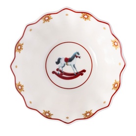 Villeroy & Boch Toy's Delight Anniversary Bowl, white porcelain with red scalloped rim, gold star motifs and central rocking horse motif