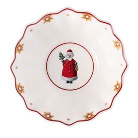 Villeroy & Boch Toy's Delight Anniversary Bowl, white premium porcelain with red scalloped rim, gold stars, and central Santa motif