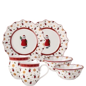 Villeroy & Boch Toy's Delight Breakfast Set Santa Six-Piece Set in white porcelain with red Santa and floral motifs, includes plates, bowls and mug