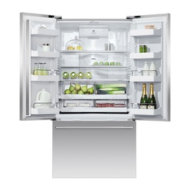 Stainless steel French door fridge freezer with both doors open, revealing fully stocked shelves, salad drawer, and bottle storage