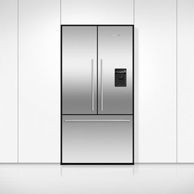 Stainless steel French door fridge freezer with water dispenser, black trim, and bottom freezer drawer, set against white cabinetry
