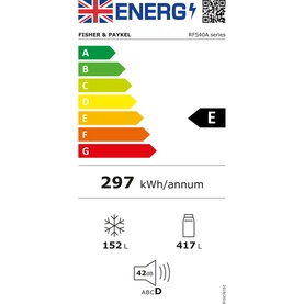 Fisher & Paykel RF540A series energy label, rated E, 297 kWh/annum, 152L freezer, 417L fridge capacity