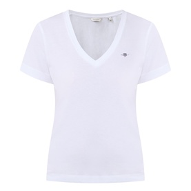 Gant Shield Logo T-shirt in white with V-neckline, short sleeves, straight hemline and small shield logo at chest