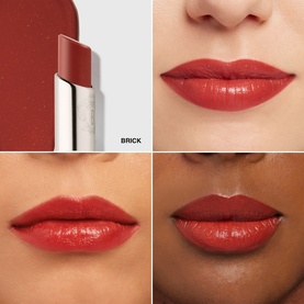 Bobbi Brown Extra Colour Shine Lip Balm in Brick shade shown on lipstick bullet and swatched on three models with different skin tones.