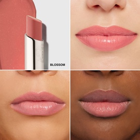 Bobbi Brown Extra Colour Shine Lip Balm in Nude Sugar, shown as bullet with swatch and three lip close-ups across skin tones