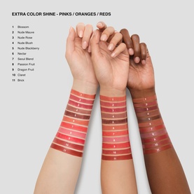 Bobbi Brown Extra Colour Shine lip balm shade swatches in pinks, oranges and reds shown across three arms with varying skin tones