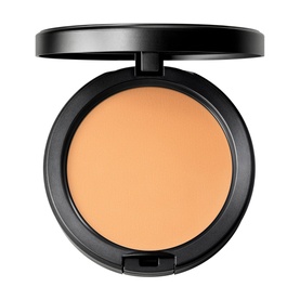 MAC Studio Fix Powder Plus Foundation compact, open lid revealing warm beige pressed powder, 12g, black round case with mirror