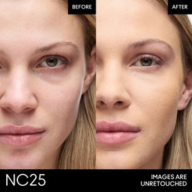 MAC Studio Fix Powder Plus Foundation shade NC25 before and after comparison on model's complexion. Images are unretouched