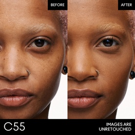 MAC Studio Fix Powder Plus Foundation shade C55 before and after application, unretouched close-up showing skin coverage and finish