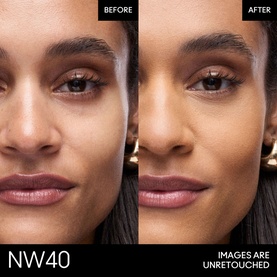 MAC Studio Fix Powder Plus Foundation shade NW40 before and after comparison on model, with unretouched images shown side by side
