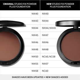 MAC Studio Fix Powder Plus Foundation compact in deep brown shade, shown open beside shade comparison chart of original vs new shades