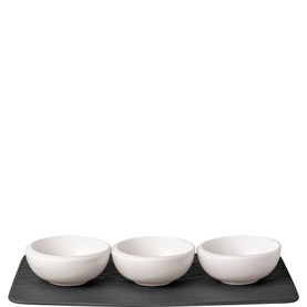 Villeroy & Boch NewMoon Dip Bowl Four-Piece Set in white porcelain; three round bowls on a rectangular slate-style tray
