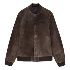 All Saints woodland brown suede bomber jacket with snap-button fastening, ribbed collar and cuffs