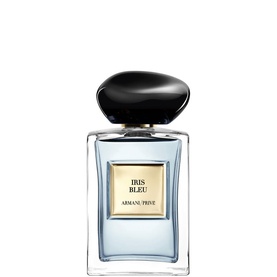 Armani Beauty Prive Iris Bleu Eau de Toilette 100ml in a pale blue glass bottle with black oval cap and gold label