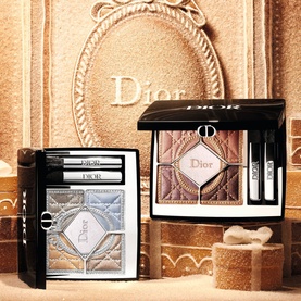 Dior 5 Couleurs Couture Limited Edition Eye Palettes in cool silver and warm bronze tones, shown open and closed against golden backdrop