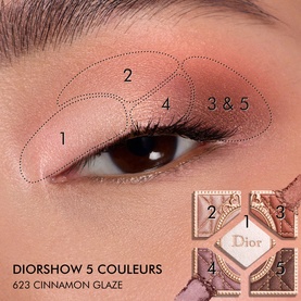 Dior 5 Couleurs Couture Eyeshadow Palette in 623 Cinnamon Glaze, showing eye look tutorial with numbered shade placement guide